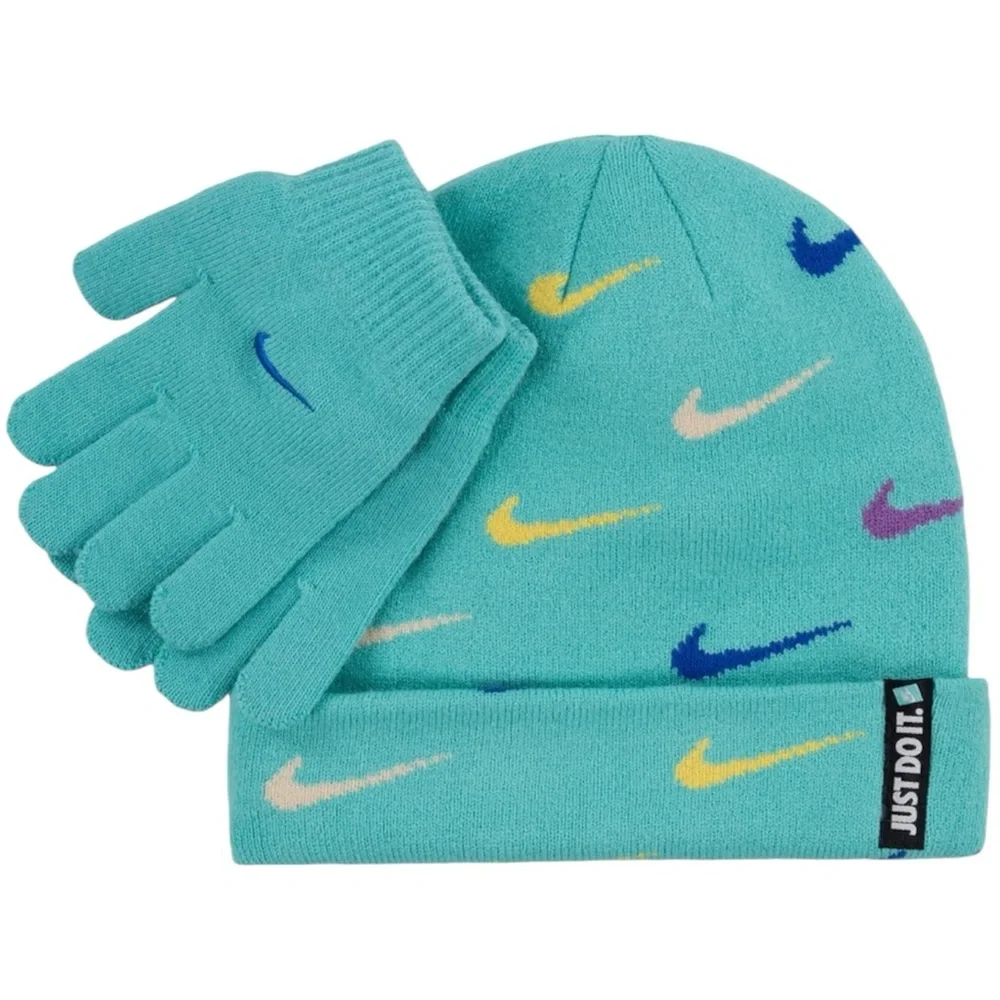 NIKE Kids Beanie & Gloves Set Swoosh Repeat Turquoise Green Frost NWT